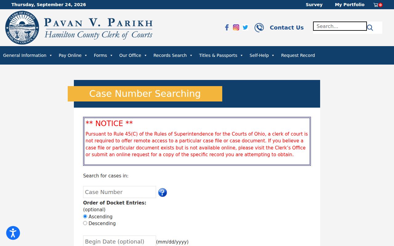 Ohio local court case number search form with date filters