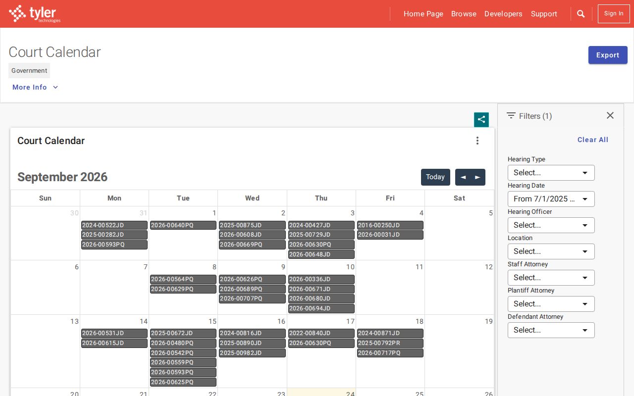 Ohio Court of Claims calendar with hearing type, date, officer, and location filters
