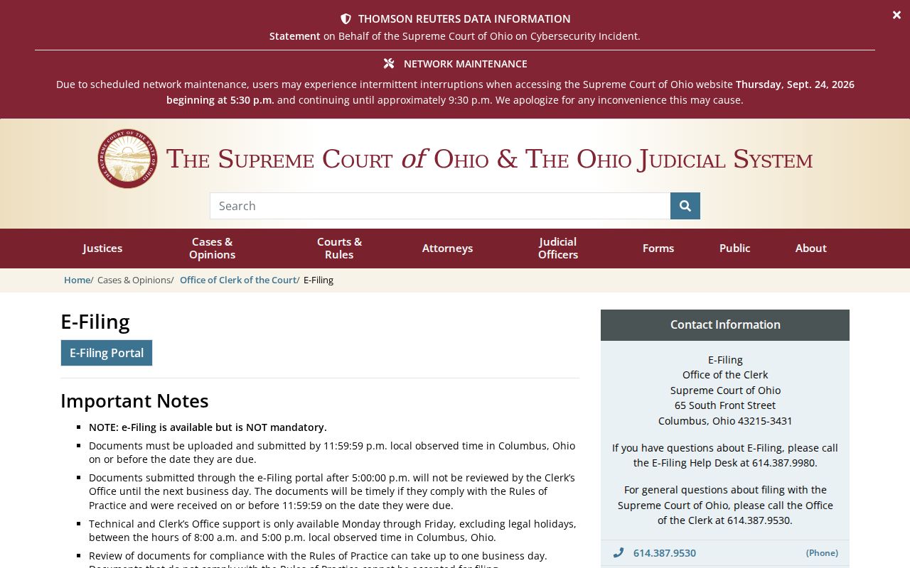 Ohio Supreme Court e-filing information for cases before the high court