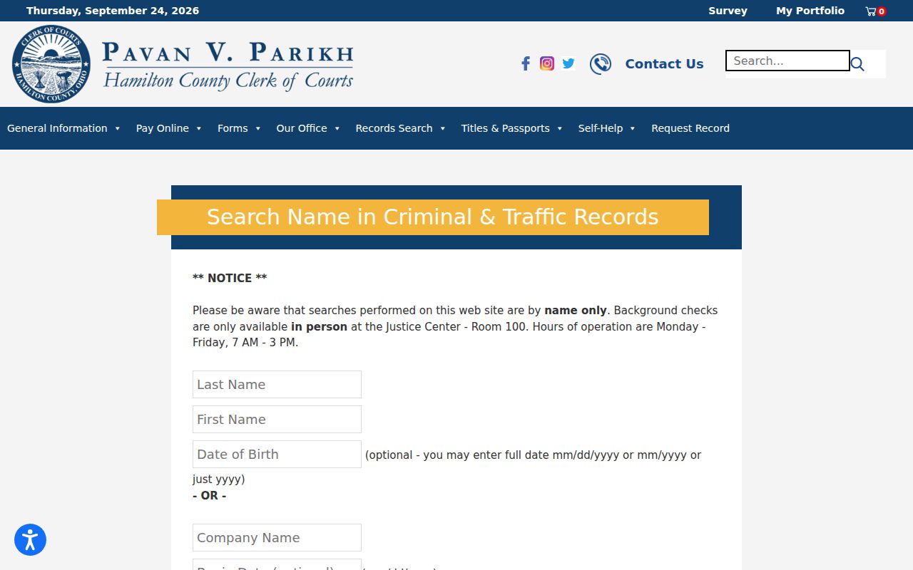 Ohio local court name search form with optional date and party fields