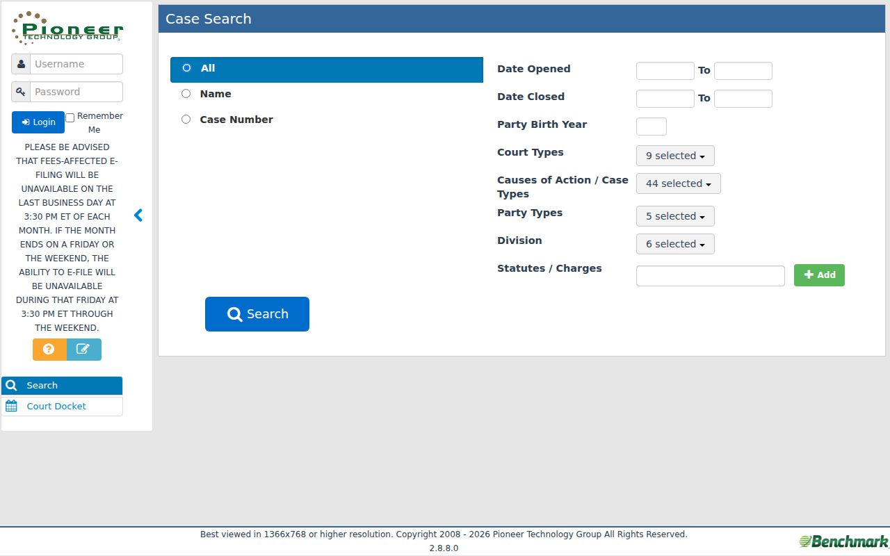 Ohio Common Pleas case search with name, number, and date filters