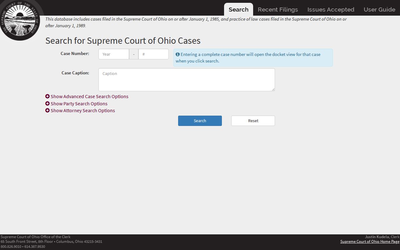 Ohio Supreme Court case search fields and docket search options
