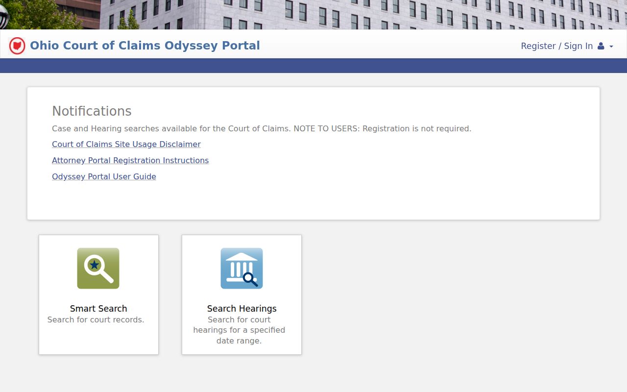 Ohio Court of Claims Odyssey Portal with separate Smart Search and Search Hearings options