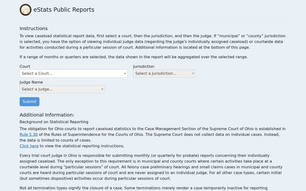Ohio eStats court workload filters and reporting notice
