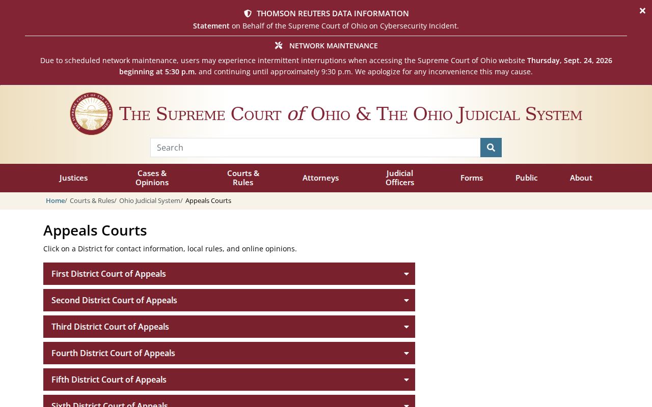 Ohio Courts of Appeals directory showing appellate districts